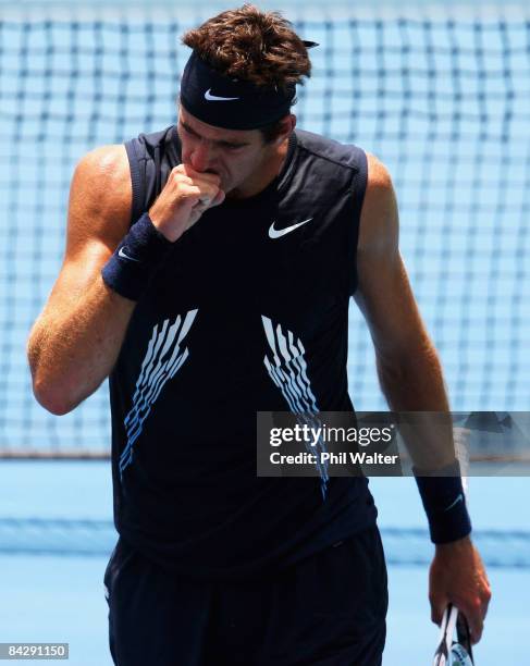 Juan Martin Del Potro of Argentina celebrates a point during his singles game against Viktor Troicki of Serbia during day four of the Heineken Open...