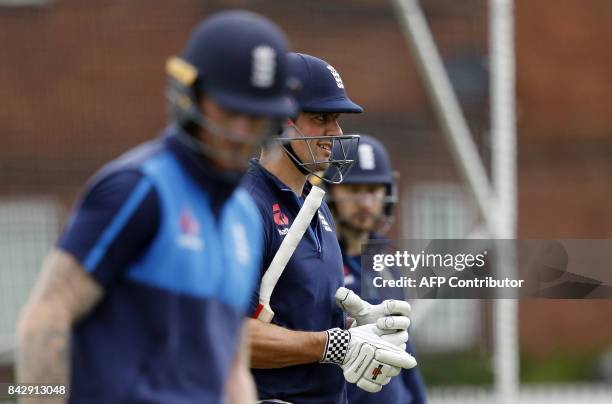 England's Alastair Cook waits to bat in the nets during a training session at Lord's cricket ground in London on September 5 ahead of the third...