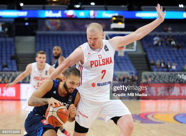 Evan Fournier of France, Damian Kulig of Poland during the FIBA Eurobasket 2017 Group A match between Poland and France on September 5, 2017 in...