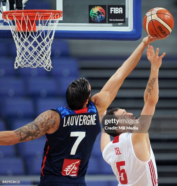 Joffrey Lauvergne of France, Aaron Cel of Poland during the FIBA Eurobasket 2017 Group A match between Poland and France on September 5, 2017 in...