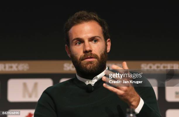 Juan Mata of Manchester United talks during day 2 of the Soccerex Global Convention at Manchester Central Convention Complex on September 5, 2017 in...