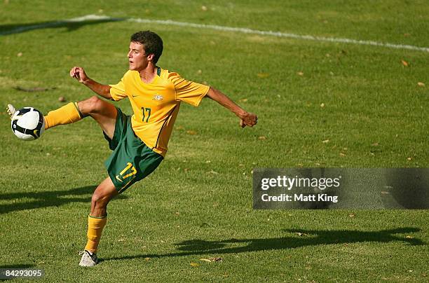 James Virgili of Australia controls the ball during the football match between Australia and China during day two of the Australian Youth Olympic...