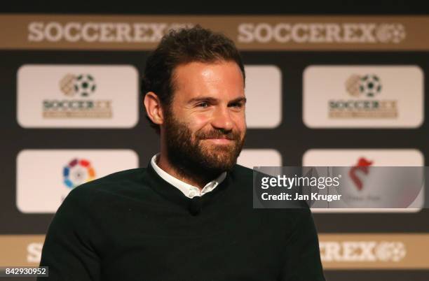 Juan Mata of Manchester United smiles during day 2 of the Soccerex Global Convention at Manchester Central Convention Complex on September 5, 2017 in...