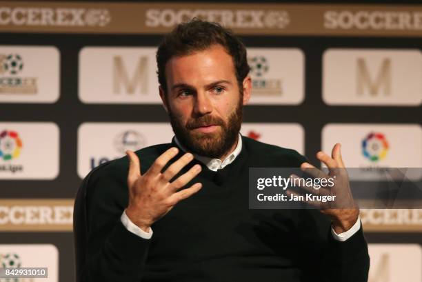 Juan Mata of Manchester United talks during day 2 of the Soccerex Global Convention at Manchester Central Convention Complex on September 5, 2017 in...