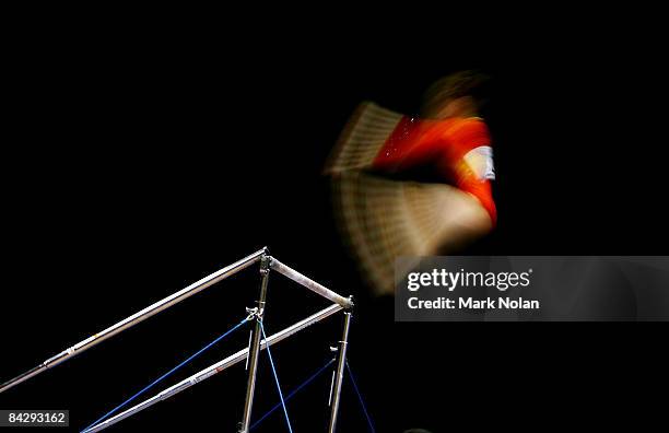 Chinese competitor goes through her routine on the uneven bars during the Artistic Gymnastics on day two of the Australian Youth Olympic Festival at...