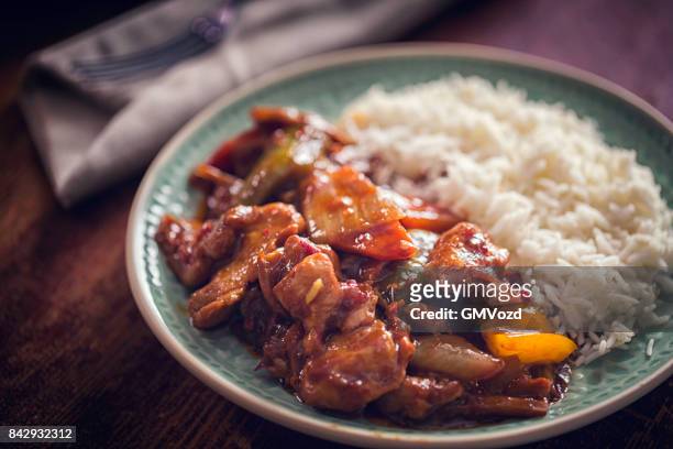 spicy kung pao chicken with rice - kung pao stock pictures, royalty-free photos & images