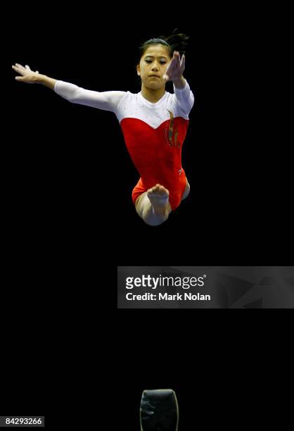 Sakura Noda of Japan goes through her routine on the long beam during the Artistic Gymnastics on day two of the Australian Youth Olympic Festival at...