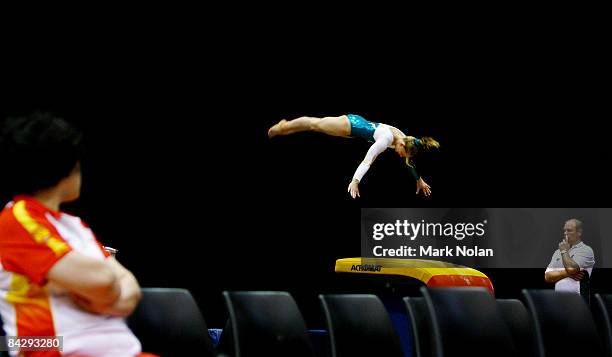 An Australian athlete practices vaulting during the Artistic Gymnastics on day two of the Australian Youth Olympic Festival at the Sydney Olympic...