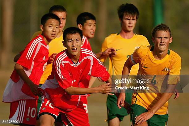 Australian and Chinese players prepare for a corner kick during the football match between Australia and China during day two of the Australian Youth...