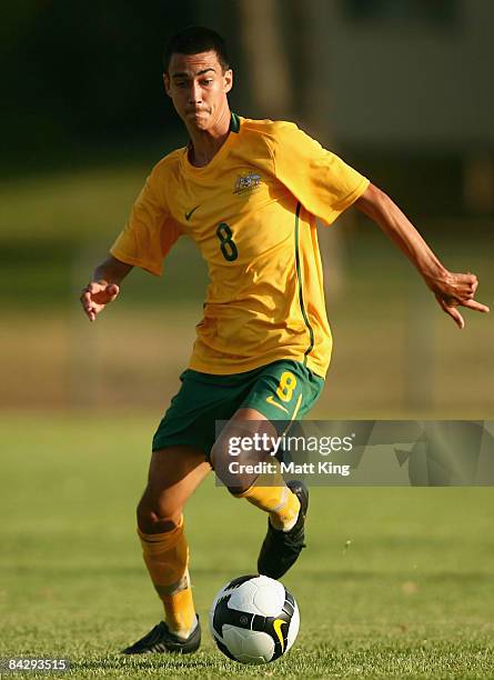 Cameron Edwards of Australia controls the ball during the football match between Australia and China during day two of the Australian Youth Olympic...