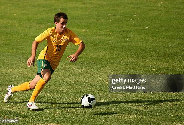 Steven Lustica of Australia controls the ball during the football match between Australia and China during day two of the Australian Youth Olympic...