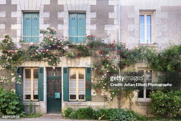 a rose covered house facade in chedigny, france. - chedigny stockfoto's en -beelden
