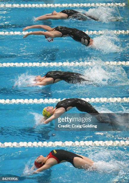 Competitors start the women's 100M backstroke final during the swimming on day two of the Australian Youth Olympic Festival at the Sydney Olympic...