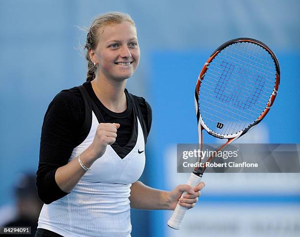 Petra Kvitova of the Czech Republic celebrates her semi final singles win against Virinie Razzano of France on day seven of the Moorilla Hobart...