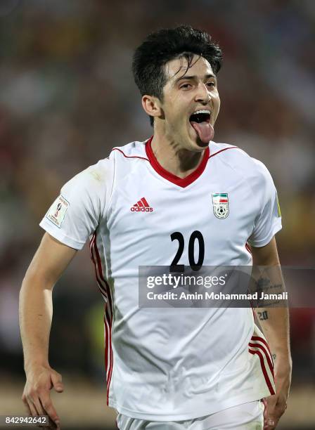 Sardar Azmoun of Iran celebrates after his first goal during FIFA 2018 World Cup Qualifier match between Iran v Syria on September 5, 2017 in Tehran,...