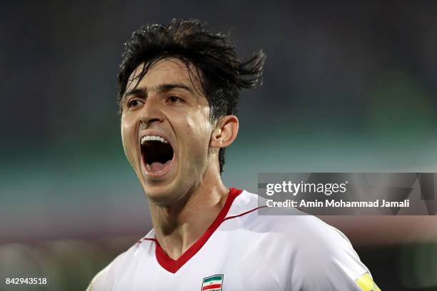 Sardar Azmoun celebrates after his first goal during FIFA 2018 World Cup Qualifier match between Iran v Syria on September 5, 2017 in Tehran, Iran.