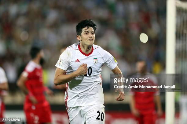 Sardar Azmoun of Iran celebrates after his first goal during FIFA 2018 World Cup Qualifier match between Iran v Syria on September 5, 2017 in Tehran,...