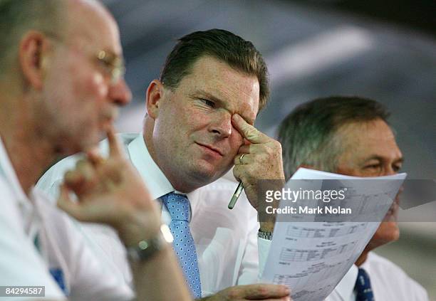 Premier Nathan Rees looks over the program during the Track Cycling on day two of the Australian Youth Olympic Festival at the Dunc Gray Velodrome on...
