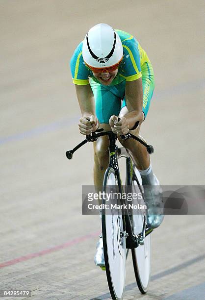Dale Parker of Australia rides in the Mens 3000 metre Individual pursuit final during the Track Cycling on day two of the Australian Youth Olympic...