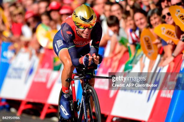 Bahrain-Merida's Italian cyclist Vicenzo Nibali sprints to take the third place of the 16th stage of the 72nd edition of "La Vuelta" Tour of Spain...