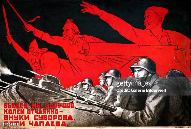 Soviet poster from World War II exhorting the soldiers to 'Fight bravely, sons of Suvorov and Chapayev', 1941. From left to right, Russian military...