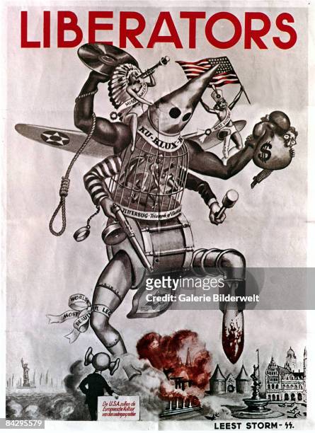 German World War II poster from Holland depicts the USA as a monster made of up of many parts, trampling the Netherlands underfoot beneath the word...