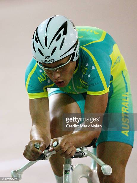 Peter Loft of Australia rides in the Mens 3000 metre Individual pursuit final during the Track Cycling on day two of the Australian Youth Olympic...