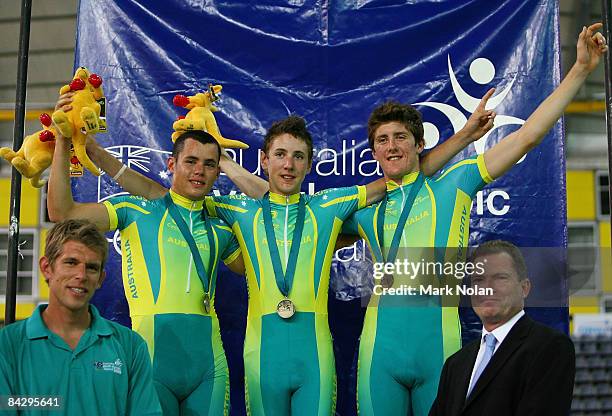 Peter Loft, Dale Parker and Luke Durbridge of Australia are pictured with their medals after they were presented by NSW Premier Nathan Rees for the...