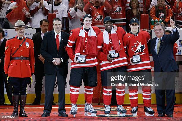 John Tavares, PK Subban and Jordan Eberle of Team Canada are named the three MVPs for Team Canada during post game ceremonies at the Gold Medal Game...
