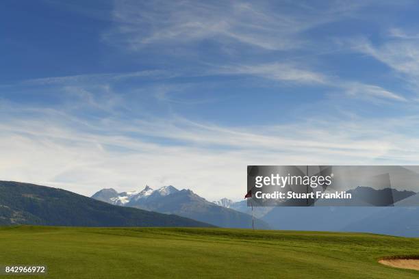 General view of the seventh hole during practice prior to the start of the Omega European Masters at Crans-sur-Sierre Golf Club on September 5, 2017...