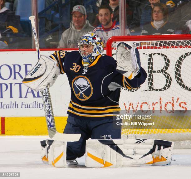 Ryan Miller of the Buffalo Sabres tends goal against the New York Rangers on January 9, 2009 at HSBC Arena in Buffalo, New York.