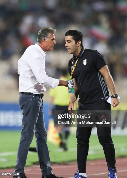 Carlos Quieroz head coach of Iran and Ariyan Ghasemi react during FIFA 2018 World Cup Qualifier match between Iran v Syria on September 5, 2017 in...