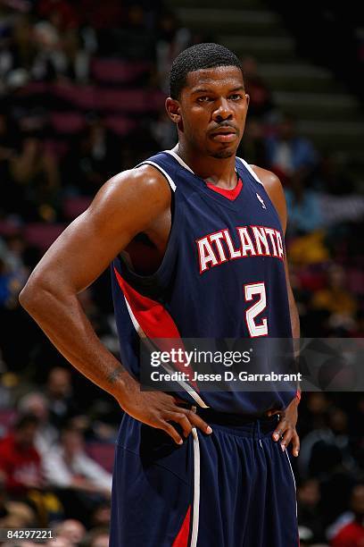 Joe Johnson of the Atlanta Hawks looks across the court during the game against the New Jersey Nets on January 2, 2009 at the Izod Center in East...