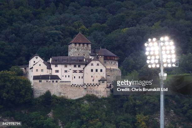 Vaduz Castle is seen on a hill overlooking the stadium ahead of the FIFA 2018 World Cup Qualifier between Liechtenstein and Spain at Rheinpark...
