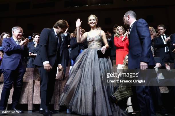 Javier Bardem, Jennifer Lawrence, Darren Aronofsky attend the world premiere of 'mother! during the 74th Venice Film Festival at Sala Grande on...