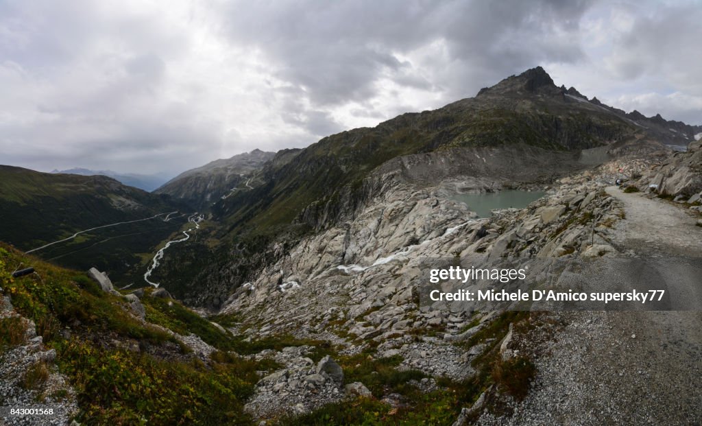 The road to Furkapass in a wild alpine valley