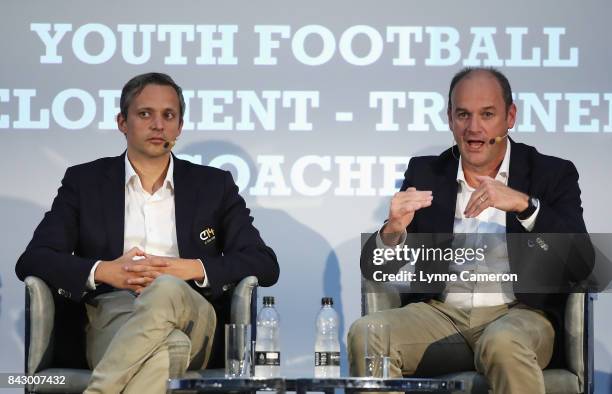 Ruben Jongkind , Cruyff Football Head of Talent Development and Bob Browaeys, Royal Belgian Football Association Technical Coordinator talk during...