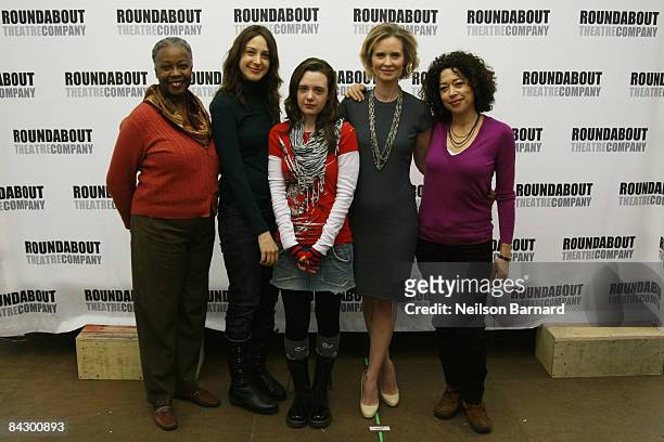 Actors Aleta Mitchell, Natalie Gold, Shana Dowdeswell, Cynthia Nixon and Mimi Lieber attend a photo call for the Off-Broadway show "Distracted" on...
