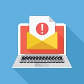 Laptop with envelope and document with exclamation mark on screen. Receive notification, alert message, warning, get e-mail, email, spam concepts. Flat design vector illustration