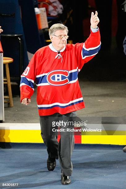 Former Montreal Canadiens player Phil Goyette waves to fans during pre-game ceremonies before the game between the Toronto Maple Leafs and the...