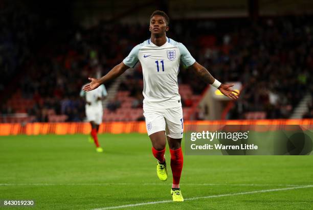 Demarai Gray of England celebrates scoring the 1st England goal during the UEFA Under 21 Championship Qualifiers between England and Latvia at...