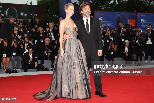 Jennifer Lawrence and Javier Bardem attend the Gala Screening and World Premiere of 'mother!' during the 74th Venice Film Festival at Sala Grande on...