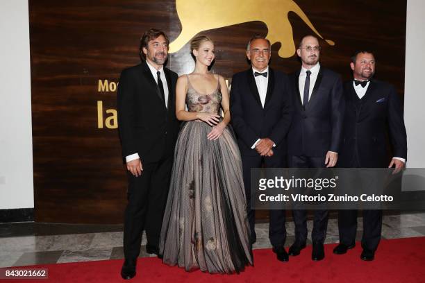 Javier Bardem, Jennifer Lawrence, Alberto Barbera, Darren Aronofsky and Scott Franklin attend the Gala Screening and World Premiere of 'mother!'...