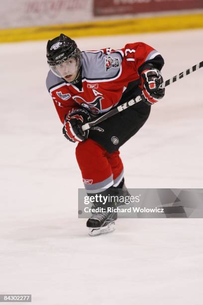 Yannick Riendeau of the Drummondville Voltigeurs skates during the game against the Victoriaville Tigres at the Centre Marcel Dionne on January 09,...