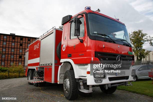 Fire truck from the local fire service is seen on the Mill Island on 2 September, 2017.