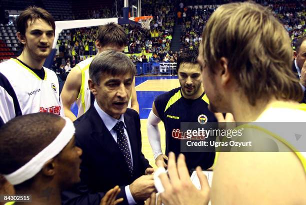 Bogdan Tanjevic, Head Coach of Fenerbahce Ulker talks to players during the Euroleague Basketball Game 10 match between Fenerbahce Ulker Istanbul v...