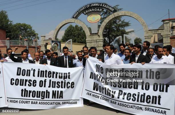 Jammu and Kashmir Bar Association members holding banners reading Dont interrupt course of justice through NIA during an anti-NIA protest against...