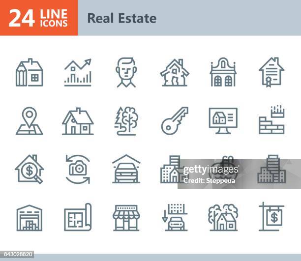 immobilien - linie vektor-icons - suburb stock-grafiken, -clipart, -cartoons und -symbole