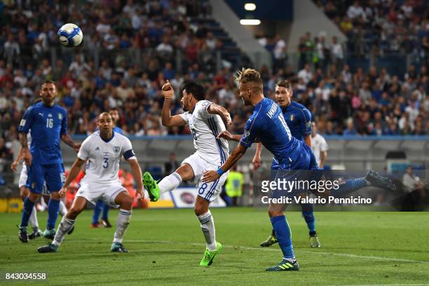 Ciro Immobile of Italy scores the opening goal during the FIFA 2018 World Cup Qualifier between Italy and Israel at Mapei Stadium - Citta' del...