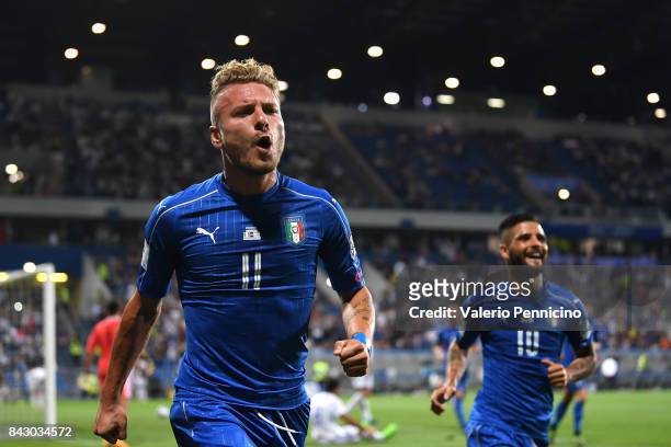 Ciro Immobile of Italy celebrates after scoring the opening goal during the FIFA 2018 World Cup Qualifier between Italy and Israel at Mapei Stadium -...